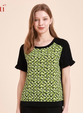 Gitti/吉蒂印花拼接喇叭袖T恤女宽松大码显瘦短袖G241135
