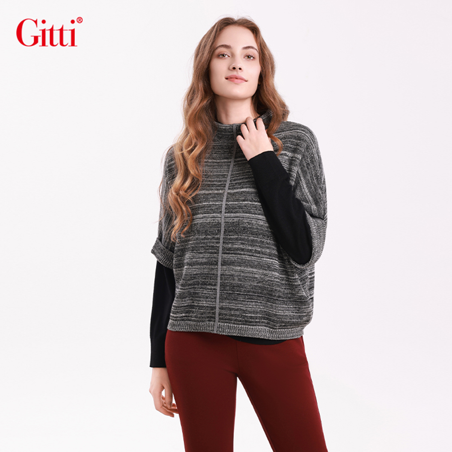 蝴蝶袖半高领羊毛衣女优雅时尚