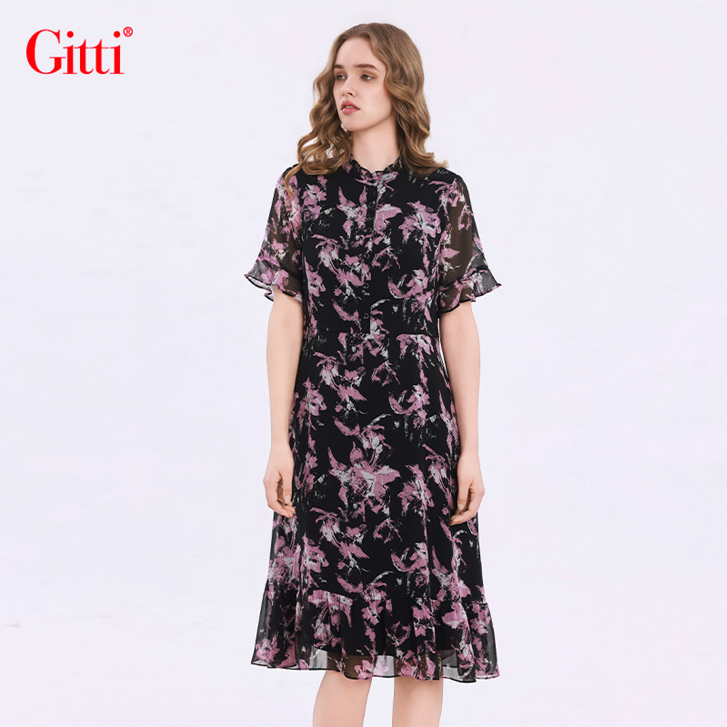 Gitti/吉蒂印花荷叶花边修身收腰雪纺连衣裙女显瘦裙子G261309