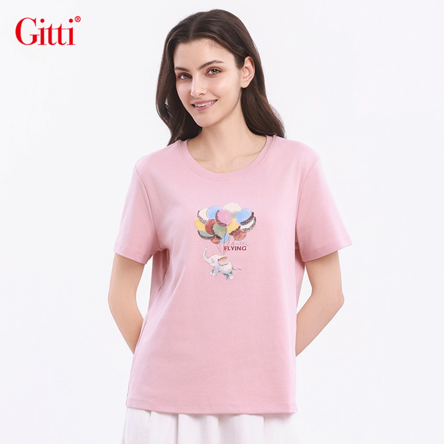 Gitti/吉蒂印花刺绣圆领显瘦T恤女棉亲肤舒适大码短袖上衣G261724 - 实物图