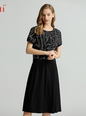 Gitti/吉蒂时尚印花假二件拼接连衣裙女收腰修身裙子G231116