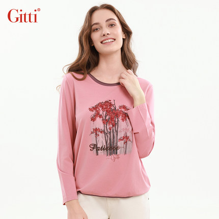 Gitti/吉蒂珠片刺绣长袖T恤女宽松大码舒适莫代尔棉上衣G255525