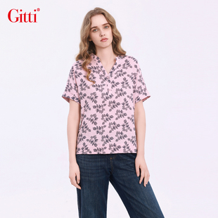 女棉亲肤宽松大码 衬衫 衬衣G261123 吉蒂挽边印花V领短袖 Gitti