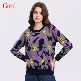 Gitti/吉蒂圆领立体色提花绵羊毛针织衫女保暖舒适毛衣G255362