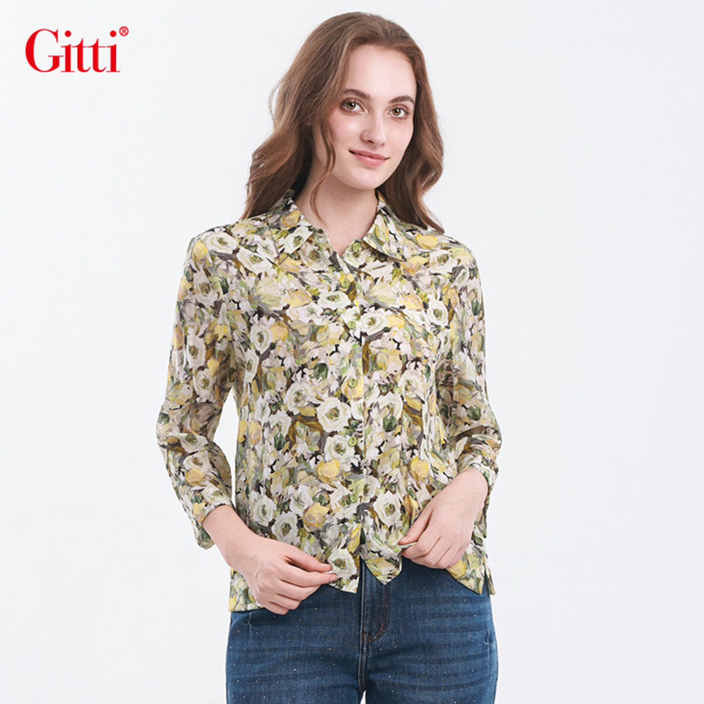 Gitti/吉蒂花卉印花七分袖衬衫女宽松中袖衬衣G265005