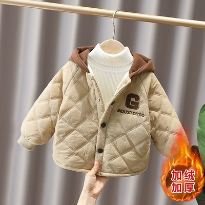 男童秋冬连帽加绒加厚棉服上衣