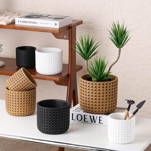 复古仿编织格子水泥小花盆带托盘客厅家居室内种多肉花器阳台摆件