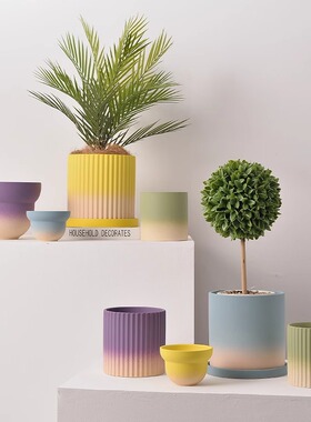 渐变橄榄绿色陶瓷素烧花盆有孔带托盘吸水透气绿植虎皮兰多巴胺色