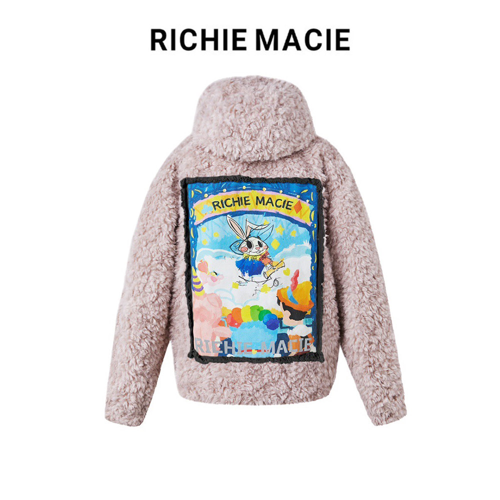 【官方正品】RICHIE MACIE羊羔毛刺绣涂鸦贴布连帽外套女小众轻奢