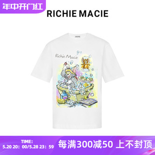 Macie白色猫和老鼠涂鸦印花反光T恤情侣2022 Richie 官方授权