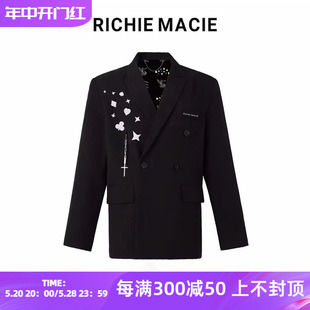 Richie Macie反光几何印花黑色阔型西装 官方授权 情侣小众潮牌