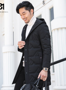 BM男士羽绒服新款男纯色帅气修身中长款潮牌格纹连帽外套休闲冬季