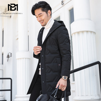 BM男士羽绒服新款男纯色帅气修身中长款潮牌格纹连帽外套休闲冬季