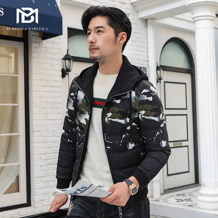 BM羽绒服男短款修身休闲韩版新款男士连帽迷彩外套修身潮流夹克