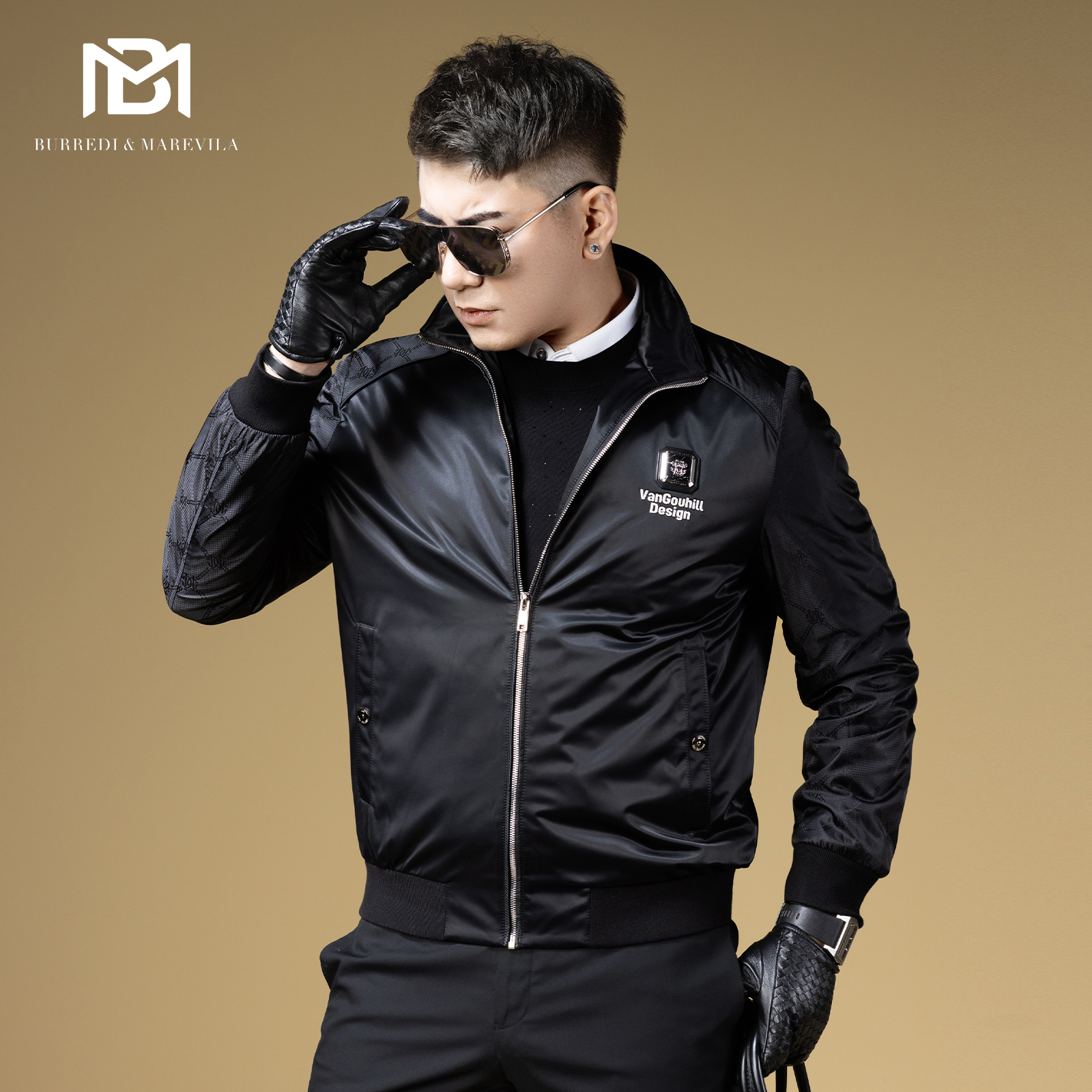 BM欧货潮牌男装高端暗纹拼接袖棉夹克外套男2024新款刺绣休闲上衣