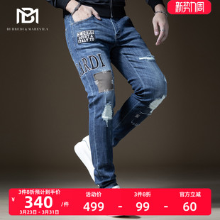 新款 潮流烫钻修身 男士 男韩版 小脚 浅蓝色破洞补丁牛仔裤 BM2019秋季