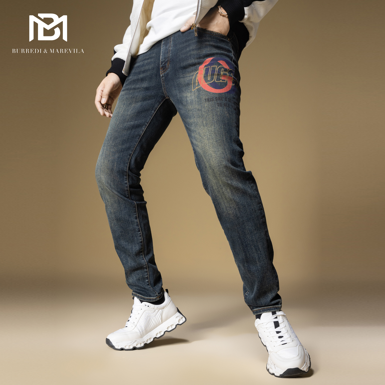 BM美式复古牛仔裤2024新款男潮牌高端字母印花修身小脚裤子休闲裤