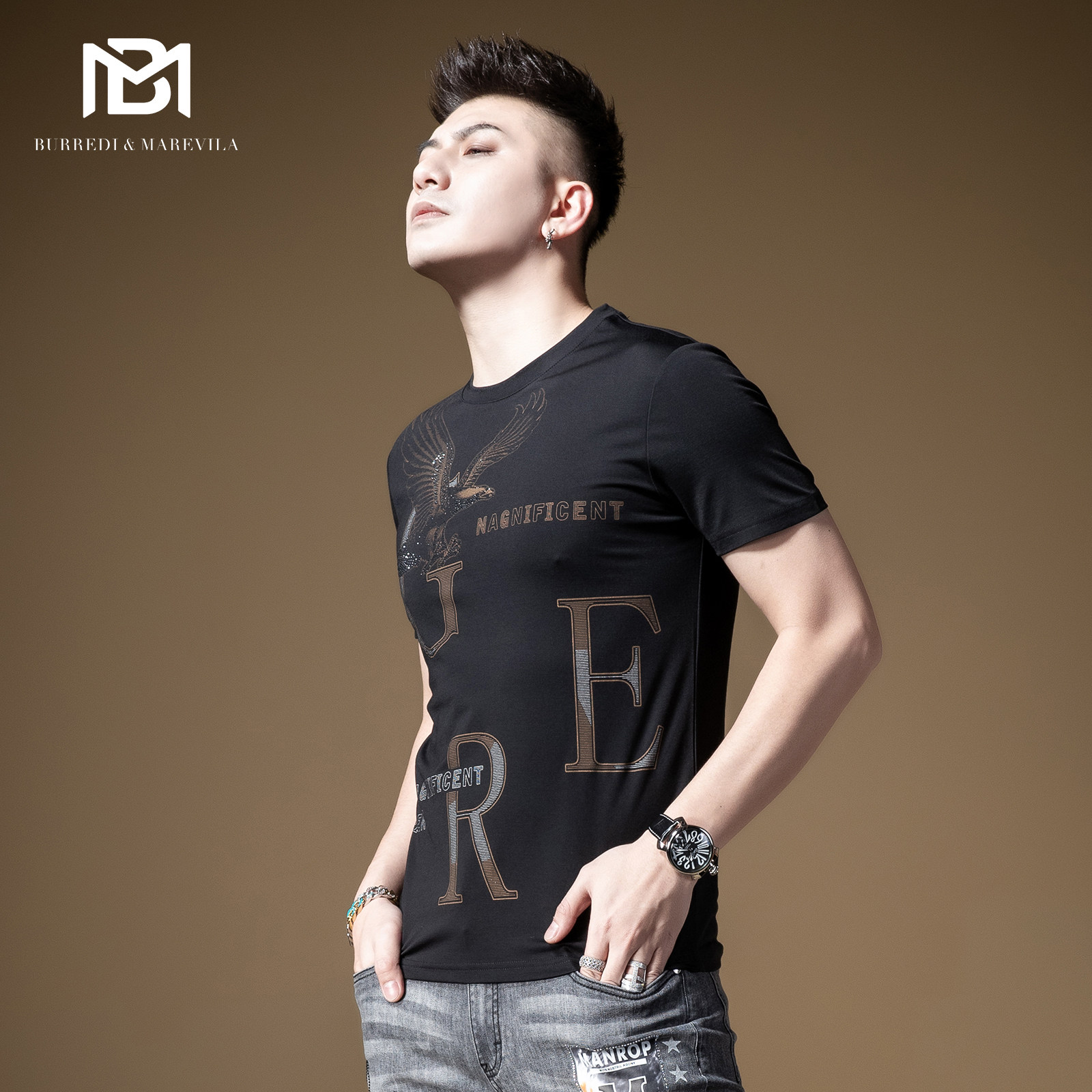 BM欧美空军风老鹰印花烫钻高端t恤男短袖潮牌百搭男士半截袖夏季