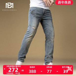 2024新款 休闲裤 男潮牌高端修身 薄款 夏季 BM字母贴布复古破洞牛仔裤