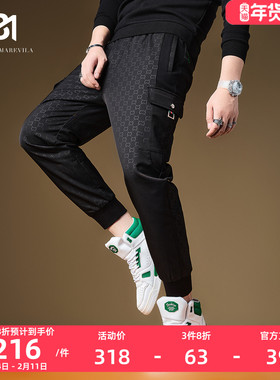 BM欧货男士卫裤2022新款秋冬款暗纹潮牌痞帅工装裤男黑色休闲裤子