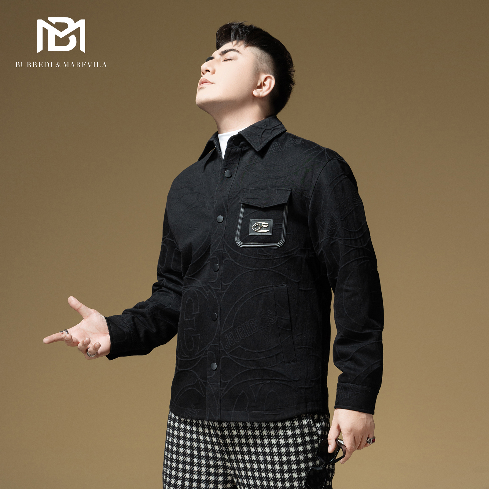 BM欧洲站男装外套潮牌2025新款暗纹衬衫式男士夹克夹棉加厚秋冬季