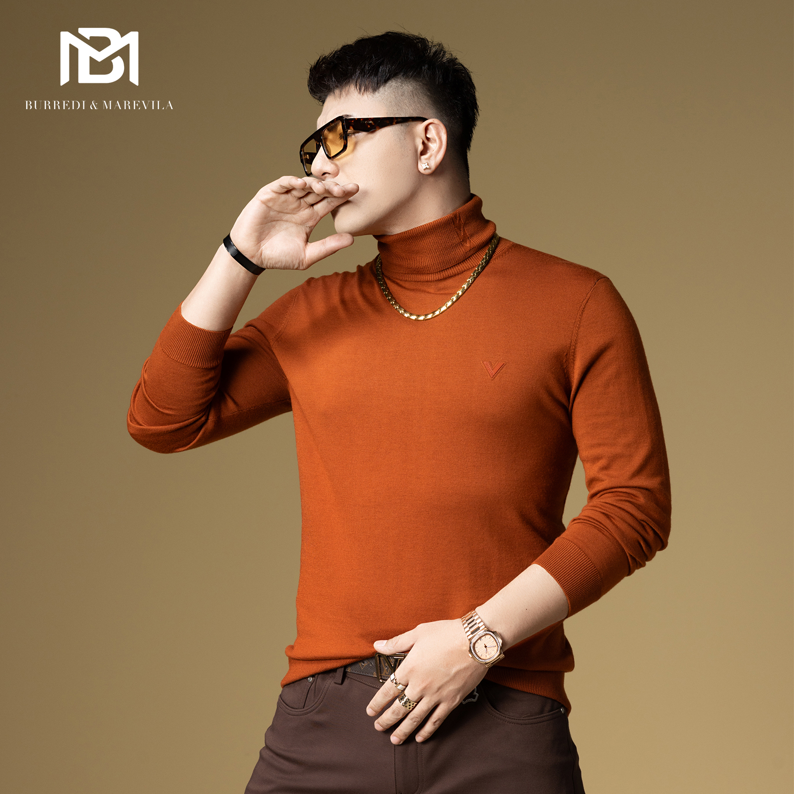 BM男士羊毛衫2024新款潮流V标修身高领毛衣男秋冬款内搭打底衫