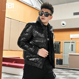 短款 BM镭射亮面潮牌拼皮羽绒服男2021年新款 高级感外套男轻奢冬装