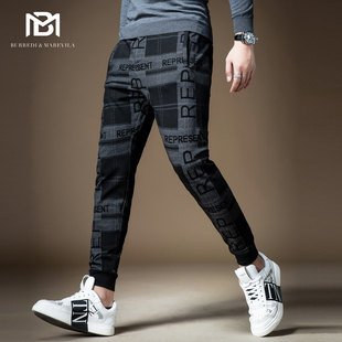百搭潮牌九分束脚卫裤 男潮流韩版 欧美复古黑灰色格子休闲裤 BM男士