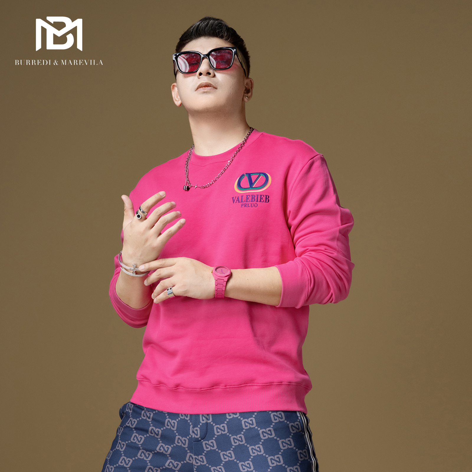 BM潮牌高级感卫衣男2024新款字母刺绣印花圆领玫红色外套男春秋款