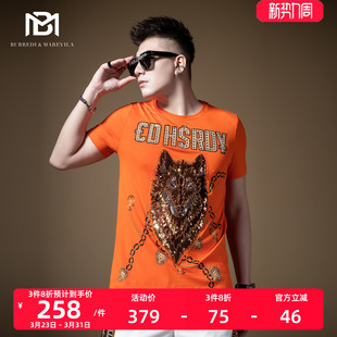 夏季 亮片烫钻狼头潮牌百搭半袖 2021新款 BM欧货重工高端t恤男短袖