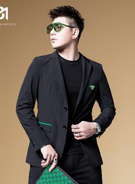 BM绿色胸标西装外套男高级感轻奢新款西服2022爆款英伦雅痞风男装