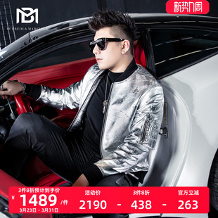 BM男士 机车山羊皮衣男真皮飞行员夹克外套潮牌欧美街头银色棒球服