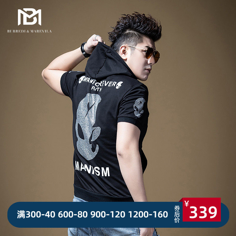 BM男士外星人烫钻印花连帽卫衣短袖t恤男潮牌个性时尚潮流港风夏