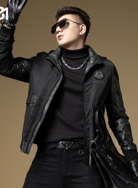 BM机车真皮皮衣男2023新款潮流烫钻徽章墨绿色拼接男士皮夹克加厚