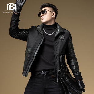 BM机车真皮皮衣男2023新款 皮夹克加厚 潮流烫钻徽章墨绿色拼接男士