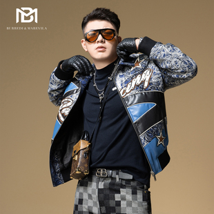 BM拼接真皮机车夹克外套男2025新款 大衣加厚秋冬 潮牌铆钉刺绣短款