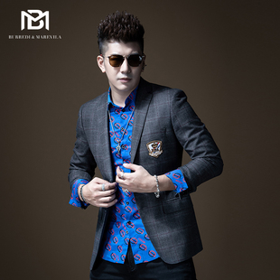 外套男港风复古灰色格子羊毛西服修身 休闲西装 潮流百搭 秋季 BM男士