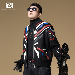 棒球服秋冬季 BM真皮条纹拼皮夹克外套男2025新款 潮牌毛呢大衣男款
