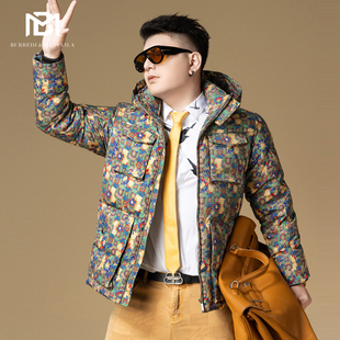 羽绒服冬季 2025新款 潮牌连帽防寒服 外套男款 BM复古满花欧洲站男装