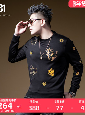 BM高街潮牌设计感卫衣男ins潮刺绣烫钻满花黑色圆领秋季2021新款