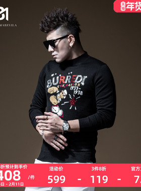 BM男士大力水手提花针织羊毛衫薄字母烫钻半高领毛衣男ins潮港风