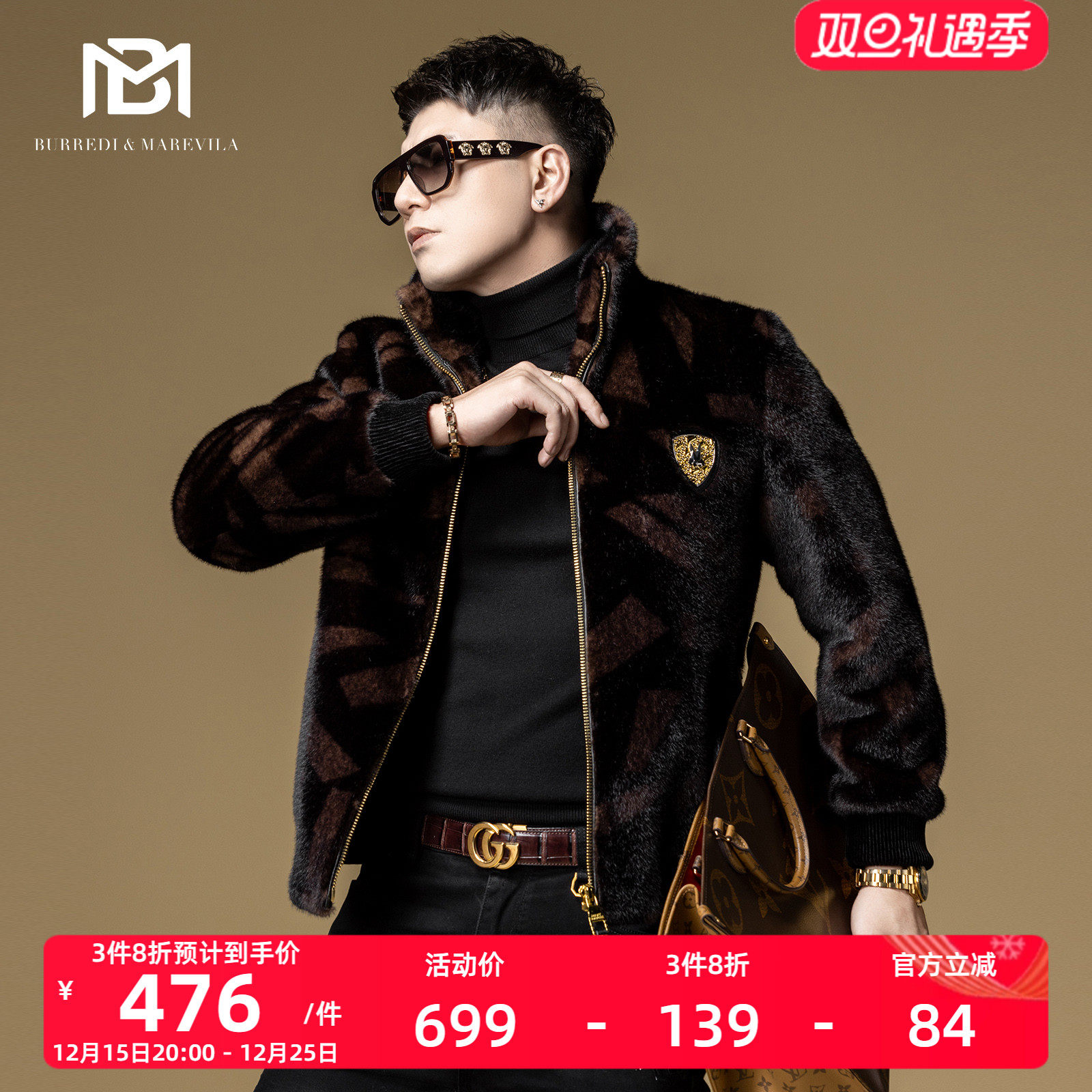 BM欧美复古满花皮草大衣