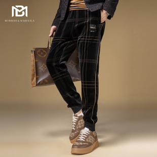 子潮流复古灯芯绒男裤 BM男士 条纹格子高端休闲裤 2024春秋新品 卫裤