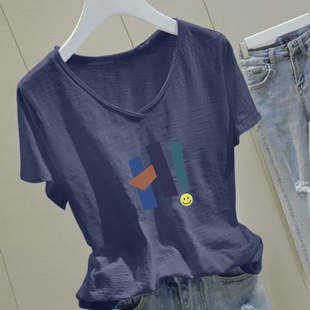 字母印花纯色竹节棉v领短袖宽松型显瘦纯棉T恤新款女装百搭打底衫