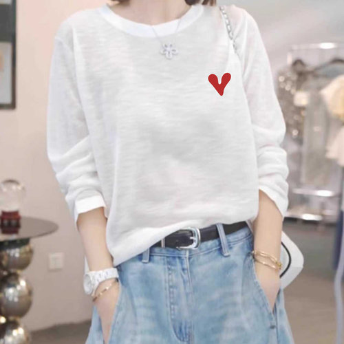 通勤款宽松型遮肉显瘦女装白色雪花棉正肩长袖t恤秋季百搭打底衫