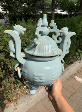 高仿古汝瓷八卦鼎香炉新中式桌面装饰品礼品客厅玄关书房博古架