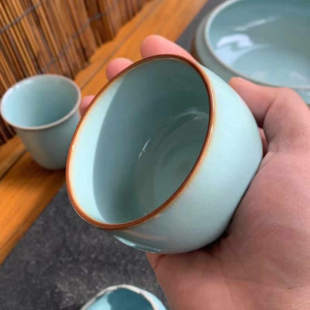 手工限量版汝瓷大号罗汉杯高档汝窑茶杯子可养开片中式纯色复古风