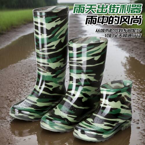 水鞋男士工地中筒防滑迷彩女士雨鞋男款高筒低筒保暖厨房洗车胶鞋