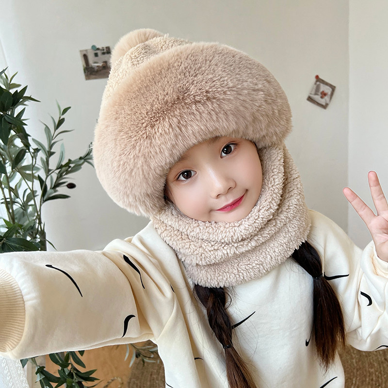 儿童帽子冬季加绒加厚遮脸套头帽围脖一体护耳防风帽保暖包头帽女