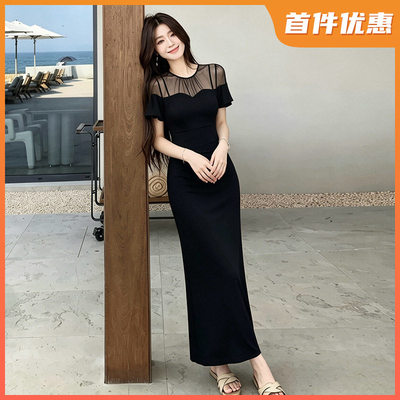 黑色修身法式赫本风连衣裙女夏季